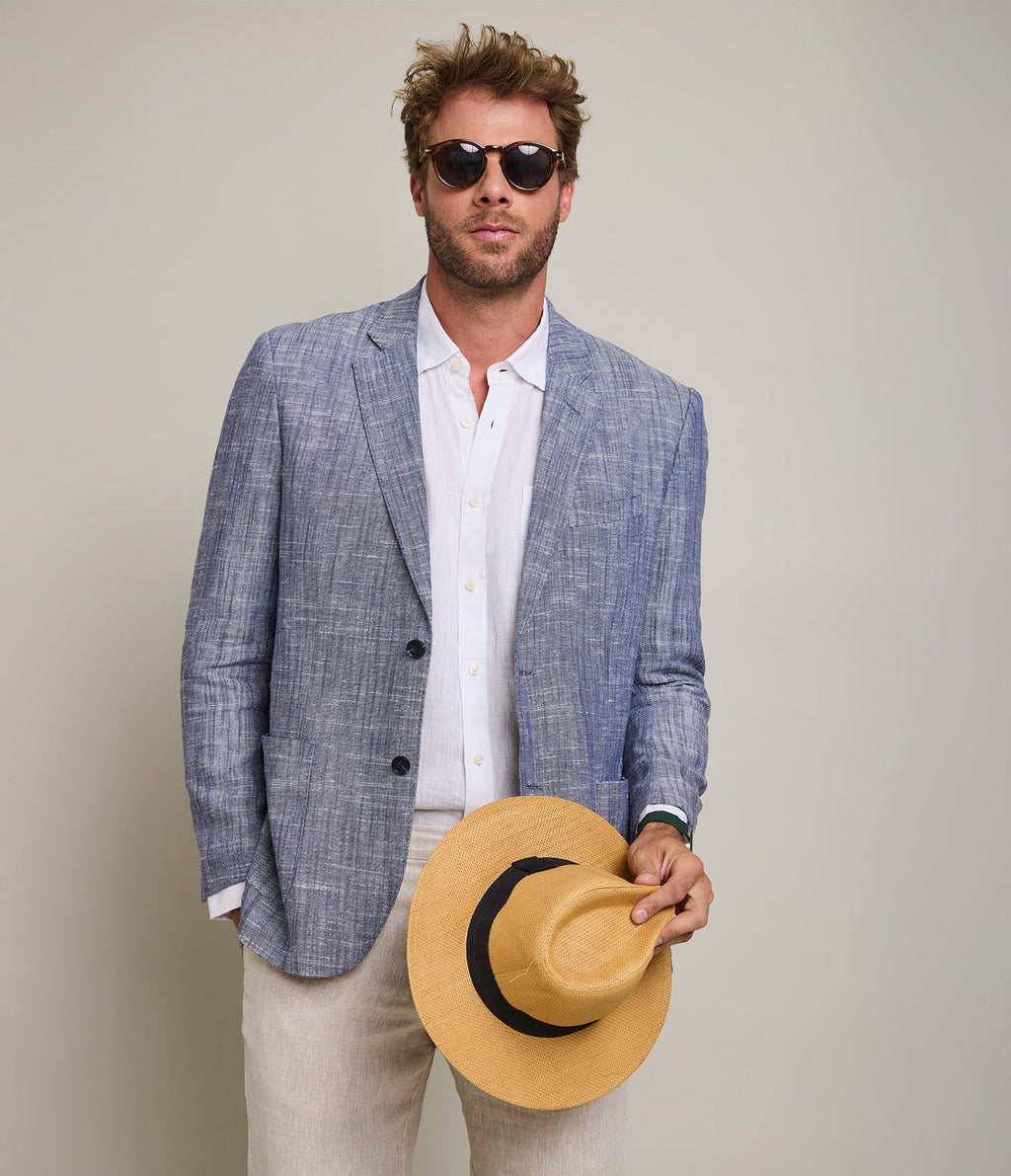 Blazer Hombre 100% Lino Azul Melange
